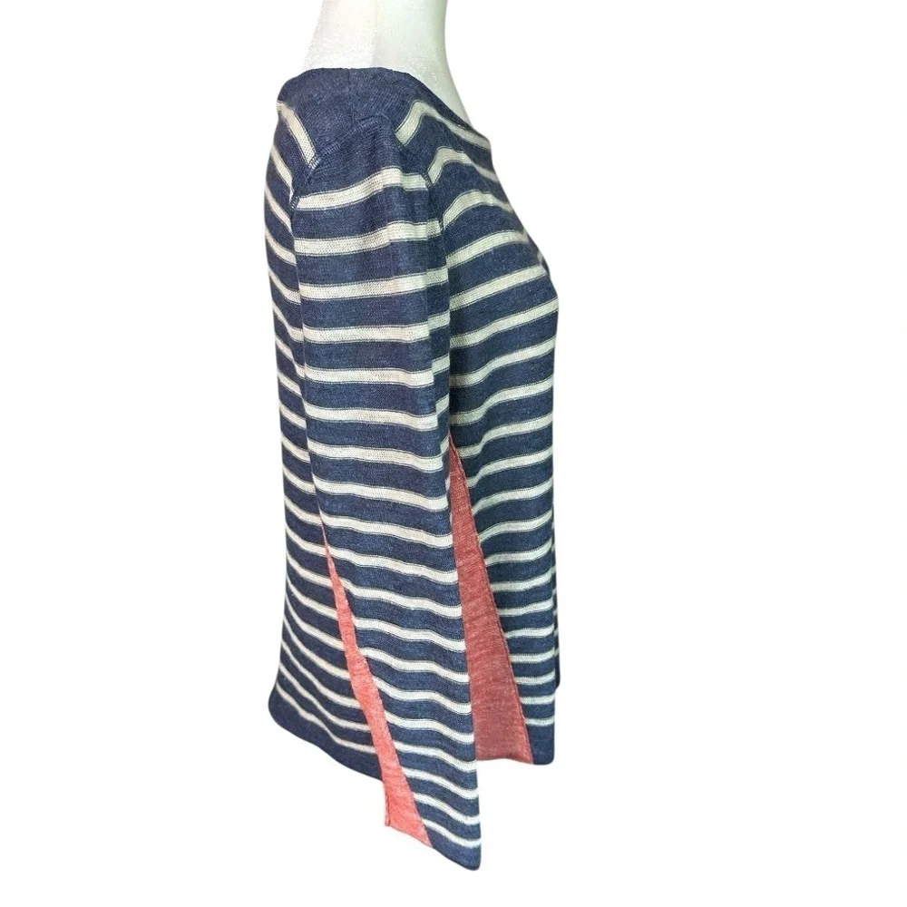 Tory Burch Blue and White Crew Neck Linen Sweater Size L